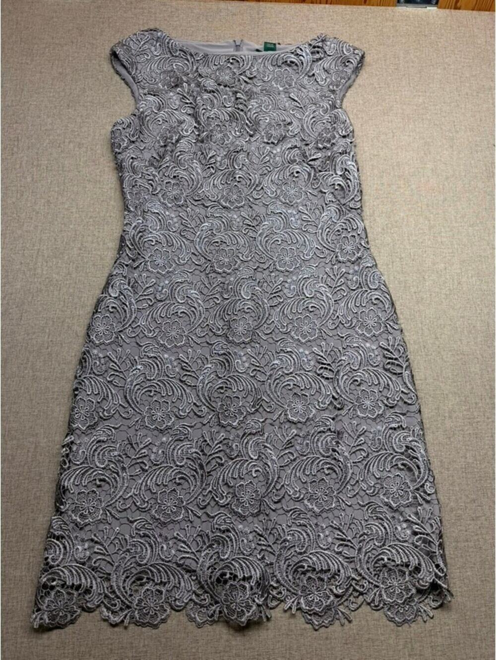 Lauren Ralph Lauren Evening Metallic Silver Lace Sheath Dress Cocktail 8